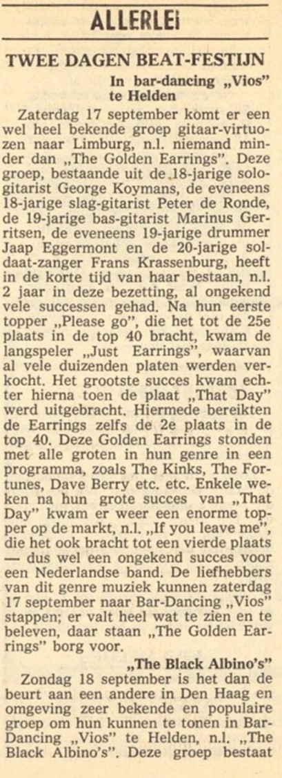 Newspaper article 2 dagen Beat-Festijn The Golden Earrings show September 17 1966 Beringe - Bar Dancing Vios